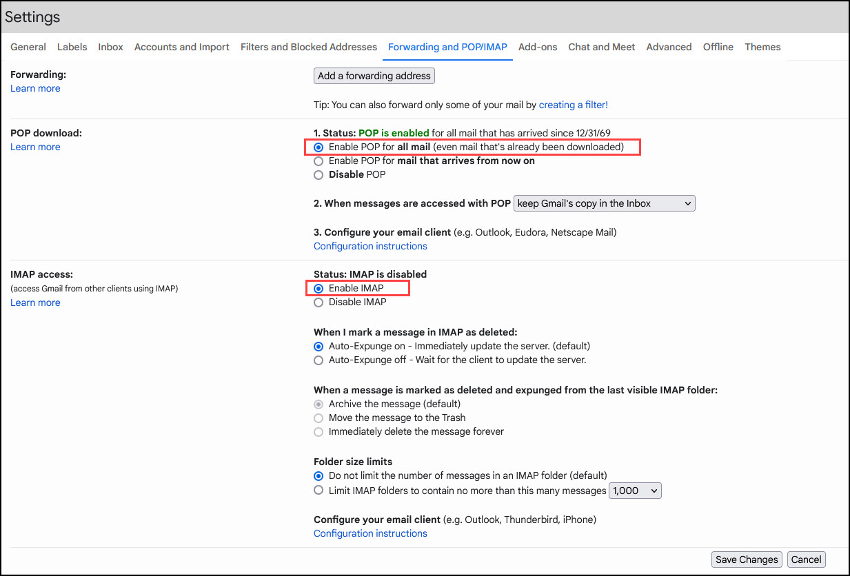 Enabling POP and IMAP on the Gmail Settings > Forwarding POP/IMAP tab